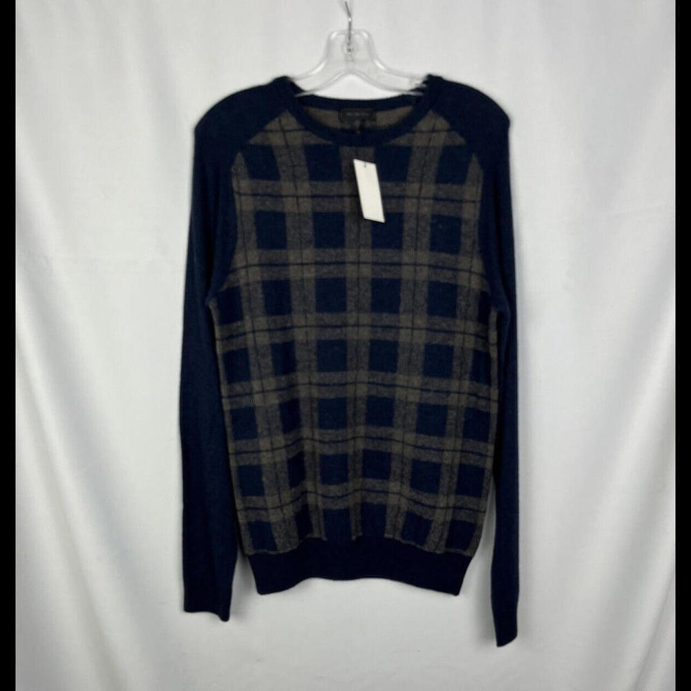 Saks Fifth Avenue Wool Crewneck Sweater Taupe Navy Check Size M